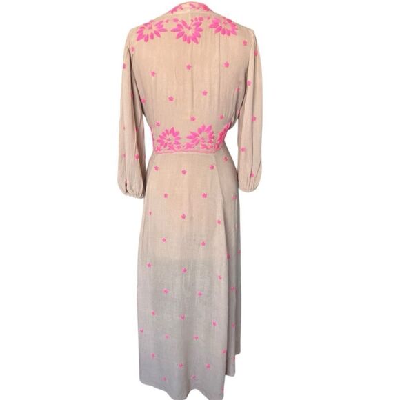 FREE PEOPLE Taupe Maxi Dress with Pink Floral Embroidery Size S - Picture 7 of 12